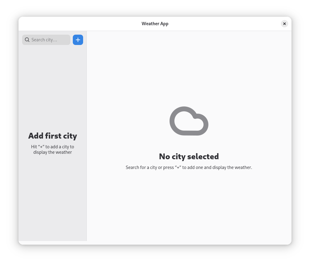 Figure 1: Initial state of the Weather Application showing empty sidebar