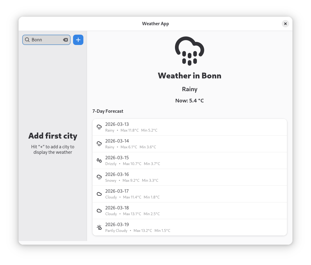 Figure 2: Weather view displaying selected city and 7-day forecast